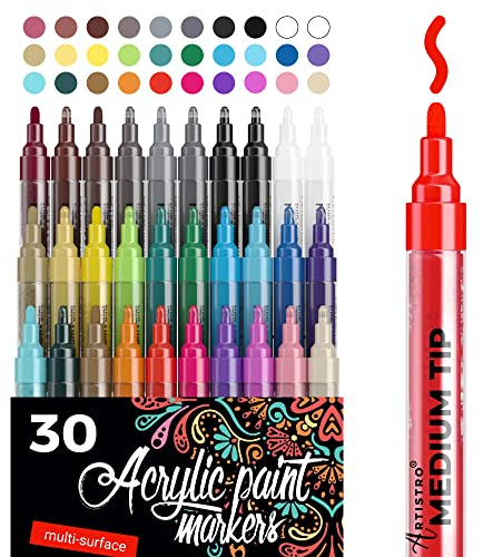 ARTISTRO Acrylic Paint Markers Pens – 30 Acrylic Paint Pens Medium Tip (2mm) - Great for Rock Painting, Wood, Fabric, Card, Paper, Ceramic & Glass - 28 Colors + Extra Black & White Paint Marker Set
