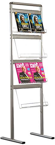 DISPLAY SALES Boden-Prospekthalter 8 x DIN A4 Katalogständer aus Aluminium mit Acryl-Ablagefächern