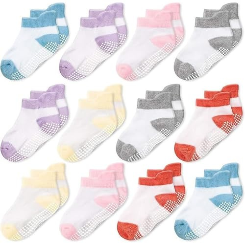CozyWay Baby Boys & Girls Non-Slip Socks - Toddler Socks With Grippers, 12 Pairs, Ankle Style For Infants, Toddlers, Safe And Comfy, Mixed 12Pk, 1-3T