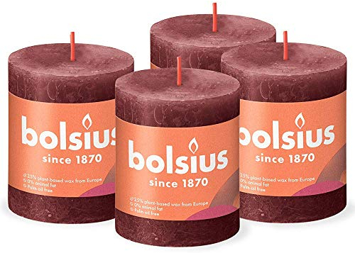 Bolsius Rustik Stumpenkerzen - Taupe - 4 Stück - 8 x 7 cm - Länge Brenndauer 35 Stunden - Unparfümierte - Natürliches Pflanzenwachs - Ohne Palmöl, Dunkelrot