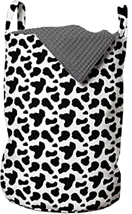 ABAKUHAUS Kuh-Druck Wäschesack, Kuhfell Schwarz Spots, Wäschekorb mit Griffen Kordelzugverschluss für Waschsalons, 33 cm breit x 49 cm hoch, Charcoal Grau Weiß