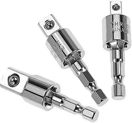 Mesee 3 Pieces 360° Rotatable Power Drill Socket Adapter Set, Drill Extension Joint Swivel Sockets Adaptor 1/4 Hex Shank to 1/4 3/8 1/2 Square Socket Impact Driver Conversion Tool