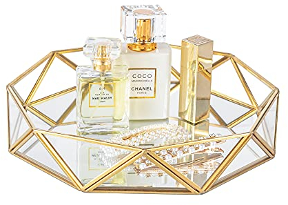 Feyarl Glass Mirrored Tray Gold Perfume Tray Make up Vanity Trays Jewelry Display Ornate Decorative Cosmetic Organizer Trays for Home Decor Dresser Tabletop (9.5Inch/24cm)