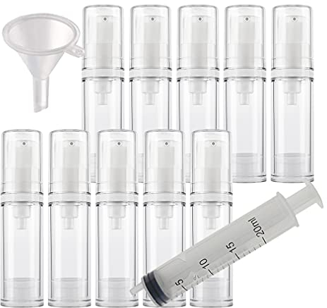 TIANZD 10 Piezas 5ml Botella Airless Envase Cosmético en Plástico, Pequeña Vacías Botellas de Bomba sin Aire de Transparente con Airless Dispensador Blanco, para Cosmética Loción, Gel