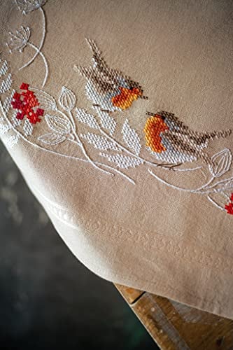 Vervaco Kreuzstich Stickpackungen Tischdecke Rotkehlchen im Winter Stickdecken Vorgezeichnet Basteln Erwachsene Kreativ Set Vorgedruckte Decke Sticken 80 x 80 cm Stickset Sticken Set