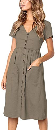 Summer Dresses for Women Casual Midi Dress Short Sleeve Shirt V Neck Button Decoration Swing A Line Tunic Dress with Pockets Size M = UK 10-12 Dark Green