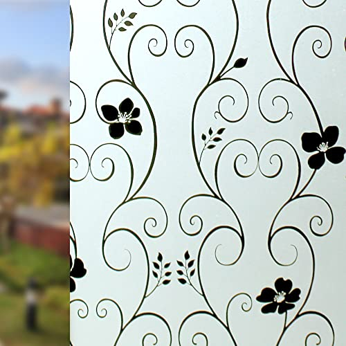 DIFIT Fensterfolie Blickdicht Sichtschutzfolie Fenster Blumenmuster 90x300cm, Milchglasfolie Selbstklebend Fenster Statisch Haftend Dekoration Anti UV Klebefolie Fenster für Zuhause, Schwarze Blume