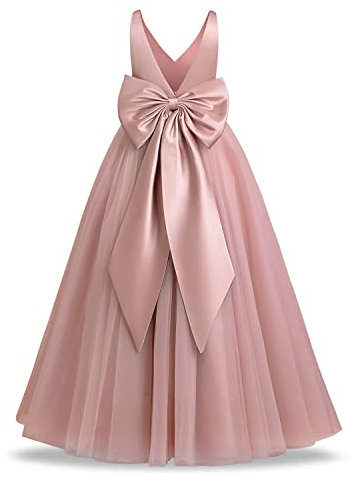 Flower Girl Dress Kids First Communion Dress Sleeveless V-Neck Mesh Tulle Tutu Princess A-line Puffy Wedding Junior Bridesmaid Evening Formal Party Pageant Birthday Prom Gown Dusty Pink 11-12 Years