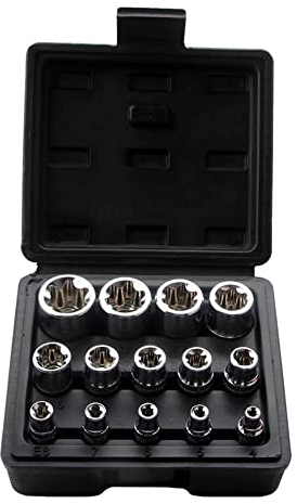 Female E Torx Socket Set with Case, 1/4, 3/8, 1/2 in. Drive E4-E24 External Torque Star Socket Kit, 14Pcs