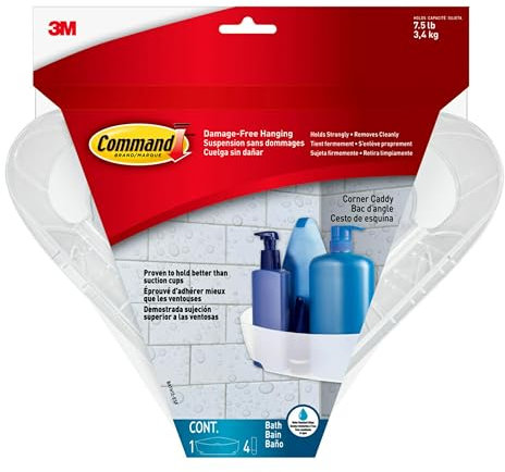 Command Organizador de esquina con tiras resistentes al agua, 1 organizador con 4 bases de montaje y 4 tiras, organizador de baño para decoración de baño
