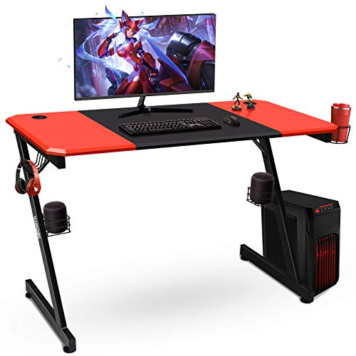 Giantex Z-förmiger Gaming Tisch, Gamer Tisch Computertisch PC Schreibtisch mit Becherhalter/Kopfhörerhaken/Boxenständern, Gaming-Schreibtisch für Zuhause oder Büro, 120x60x76 cm