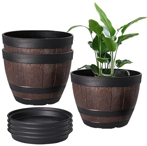 VECELO Blumentöpfe mit Ablauflöchern und Untersetzer, 22,9 cm Blumentöpfe mit Tablett, 3 Stück, Kunststoff-Whiskey-Fass-Pflanzgefäße für Innen- und Außenbereich, Garten, Heimpflanzen und Blumen