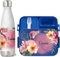 wolga-kreativ Personalisiertes Set Mepal Brotdose blau und Trinkflasche Flamingo Blumen für Jungen und Mädchen - Bento Lunchbox mit Fächern und Unterteilung Geschenk Schule Kindergarten