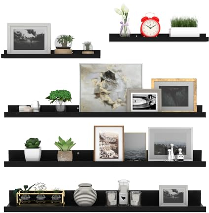 Giftgarden 90cm Lang Wandregal Holz, Schwarz Großer Schweberegal Bilderleiste für Wohnzimmer, Küche, Kinderzimmer, Schlafzimmer oder Büro - 5 Stück mit Verschiedenen Größen