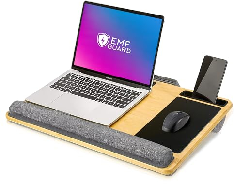 EMF Guard Schoßschreibtisch für Laptop mit EMF-Blocker-Schutz, natürlicher Bambus, schützt Hitze, Linke und rechte Hand, Mauspads, Tabletts für Tablet und Telefon, Erdungskabel, Aufbewahrungstasche,