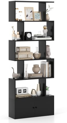 GOPLUS Bücherregal, Regal mit 5 Ebenen, S-förmiges Standregal mit Türen, Aufbewahrungsregal | Wohnregal | Büroregal | Raumteiler Regal Holz für Wohnzimmer & Arbeitszimmer, 70 x 23 x 183 cm (Schwarz)