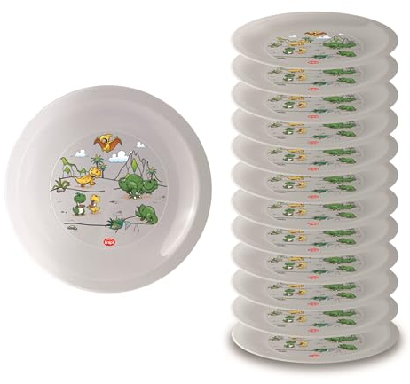 Snips, Set 12 Piatti Plastica Rigida Lavabili, Piatti Plastica Riutilizzabili, Decoro Dinosauro, Ø 23,5 cm, Made in Italy