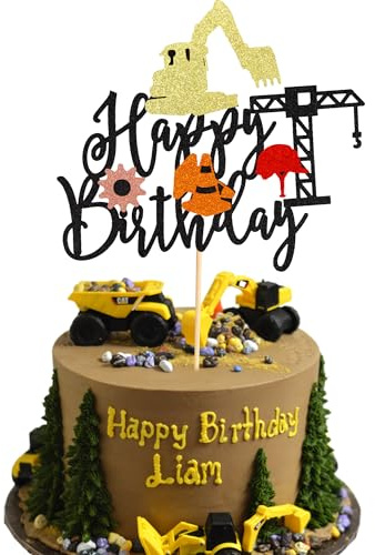 Arthsdite 1 x Bau Happy Birthday Cake Topper Construction Cake Picks Dumper Dump Dump Digger Tractor Cake Decorations for Building Themes Baby Shower Kids Birthday Party Supplies - Black