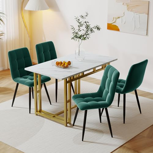 Moimhear 120 x 70 cm weißer Esstisch mit 4 Stühlen, modernes Küchen-Esstisch-Set, Samt-Esszimmerstühle, Tisch mit Goldenen Eisenbeinen (dunkelgrüner)