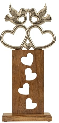Lifestyle & More Skulptur Dekofigur Küssende Tauben mit 2 Herzen aus Metall auf Holzgestell braun/Silber 23x48 cm