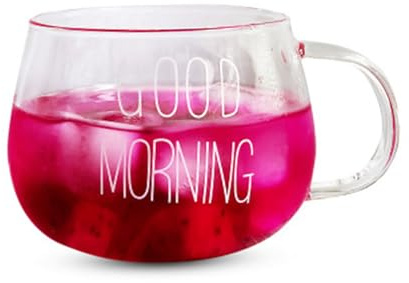 soulnioi Drinking Glass Coffee Mug Clear Glass Cup with Handle for Coffee/Beer/Milk/Tea/Water (Good Moring-White)