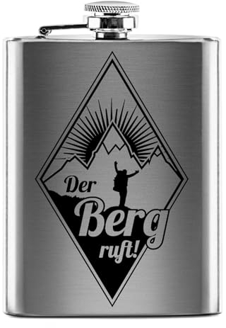 PR Print Royal Flachmann mit Gravur aus Edelstahl - Der Berg Ruft! - Geschenk Wandern Skifahren Outdoor - Praktische Taschengröße | Silber, 226 ml