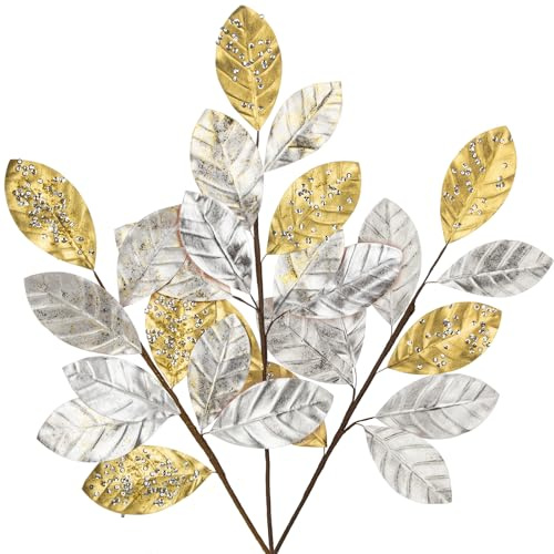Künstliche Weihnachtszweige mit Glitzer – 3er Set | 60 cm Dekozweige in Silber - Gold | Kunstzweige Weihnachtsblätter für Festliche Weihnachtsdeko, Vasen, Kränze & Tischgestecke