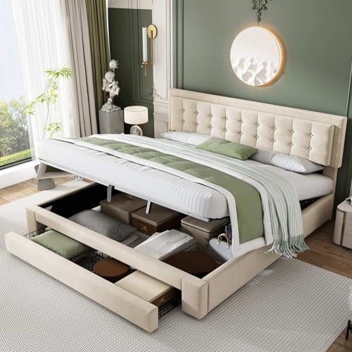 KOMHTOM Letto baule letto imbottito idraulico con cassetto, letto matrimoniale con testiera del letto, rete a doghe in legno, velluto(senza materasso) (beige, 160 x 200 cm)