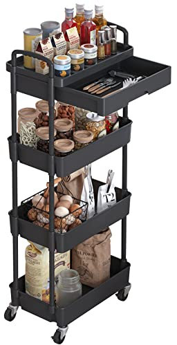 Dttwacoyh,4-Tier Storage Trolley with Drawer | Rolling Organizer Cart for Bedroom, Bathroom & Living Room | Lightweight Plastic & Metal Utility Cart | Space Saving Design - UK Home Essential(Black)