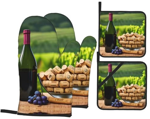 Wine Bottle Corks Grapes Oven Mitts and Pot Holders Sets - Perfect for Kitchen Aid and Valentine's - Durable Kitchen Oven Glove Set