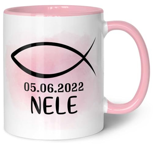 GRAVURZEILE Bedruckte Tasse - zur Konfirmation - Personalisiert mit Namen & Datum - Gastgeschenk zur Kommunion Konfirmation oder Firmung - Geschenk für Jungen & Mädchen - Farbe: Girl Rosa