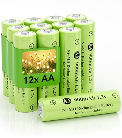 Howardly Lot de 12 Piles Rechargeables AA Ni-MH 1,2 V, Double A 900 mAh 1,2 V, Haute capacité pour Lampes solaires d'extérieur, Lampes de pelouse, Guirlande Lumineuse (AA-900 mAh-12 Paquets)