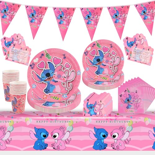 WuGU Partygeschirr Set, 102 Stück Lil und Stitc Party Geschirr, Kindergeburtstag Deko Party Supplies, Teller, Pappbecher, Papierservietten, Tischtücher und Einladungskarte für 20 Gäste
