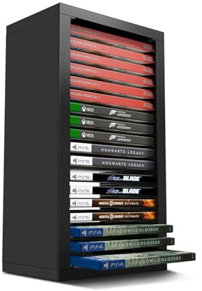 TNP - Torre organizer universale per videogiochi PS5, PS4, PS3, Nintendo Switch, Xbox One, Xbox Series S/X, supporto organizer nero con 18 custodie per CD