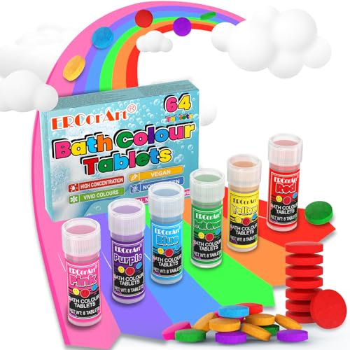 Badebomben Tabletten - ERCorArt 64 Stück Badebomben Kinder, 6 Farben Badefärbetabletten, Ungiftige, Geruchlose, Hautfreundliche Badezusatz Kinder, für Lehrreiches und Lustiges Badespass
