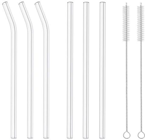 6 Pack Resuable Glass Straws, 8”x 8mm Clear Drinking Straws, Including 3 Straight and 3 Bent with 2 Cleaning Brushes for Smoothie, Coffee and Tea
