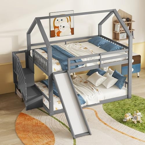 YESGIGA 140 x 200 cm, letto a castello con scala di stoccaggio e scivolo, lettino con ringhiera, adatto per bambini, ragazzi (grigio)