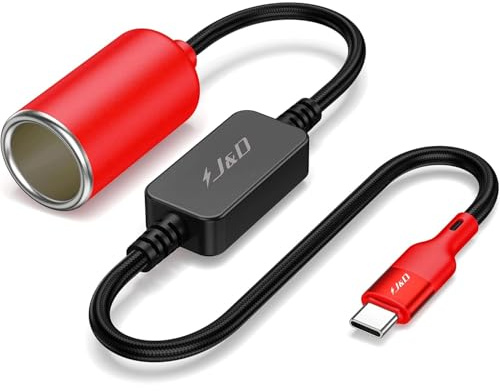 J&D USB C Stecker auf 12V Kfz-Zigarettenanzünder-Buchse Konverter Kabel, 12V 18W Stromkabel für Dashcam, GPS, Auto LED Lichtstreifen, Rot, 90 cm