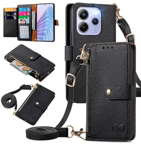 MOJIA Coque Porte Monnaie pour Xiaomi Redmi Note 14 5G, Etui Anti-Chute Portefeuille en Cuir, Multifonctionnel Porte-Cartes avec Bandoulière Réglable. Noir
