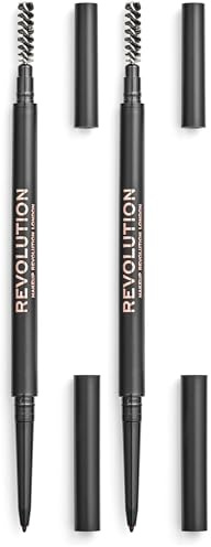 Makeup Revolution, Präziser Brauenstift, Augenbrauenstift mit zwei Enden und Spoolie-Pinsel, feine Spitze, mittelbraun, 9 g (Packung mit 2)