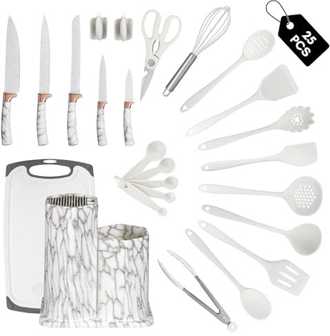 Kitchen Zen 25-Piece Kitchen Utensil and Knife Block Set, Accessories, Stainless Steel Knives, Silicone Utensils & Spatula Set, Whisk, Scissors, Chopping Board and Storage Container, White