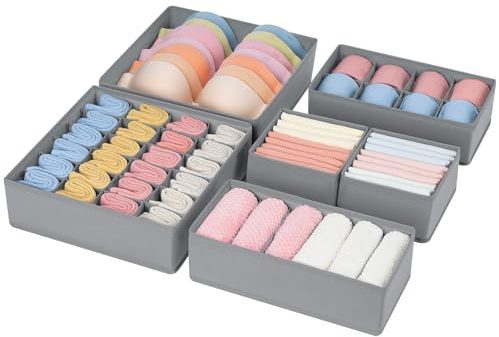 joyoldelf Organizer per Cassetti - Confezione da 6, Biancheria Intima, Calzini e Reggiseni, Contenitore Pieghevole per Indumenti, Riporre Biancheria Intima, Organizzare l'Armadio (Grigio Chiaro)