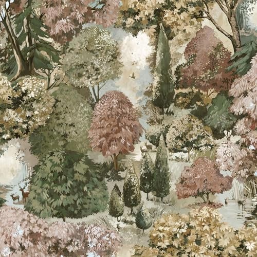 Basildon Forest Woodland Animal and Forest Themed Hand-Painted Look Victorian Style Tapestry Wallpaper for Bedrooms, Living Rooms Rust/Green Holden 13931
