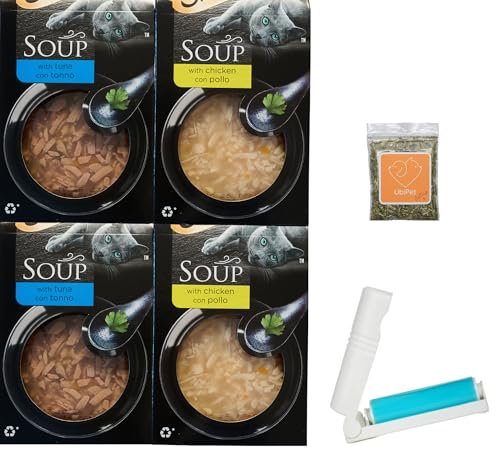 Cat Soup Mini Bundle with Chicken and Tuna Flavours (Total 16 pouches x 40 gram) plus Catnip and UbiPet Lint Roller