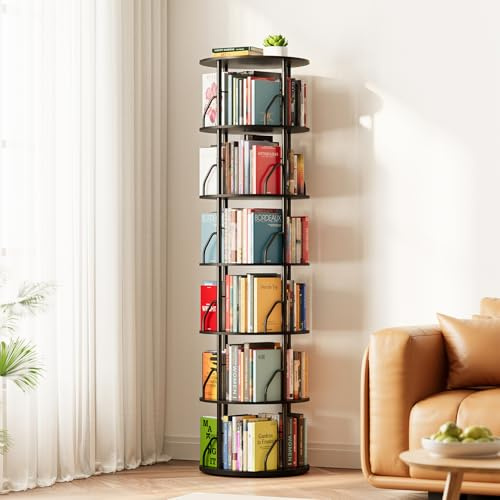 SpaceAid Drehbares Bücherregal mit 6 Etagen, 360° Display, stapelbar, drehbares Bücherregal, platzsparend, drehbar, rund, bodenstehend, drehbar, Eck-Organizer, schwarz