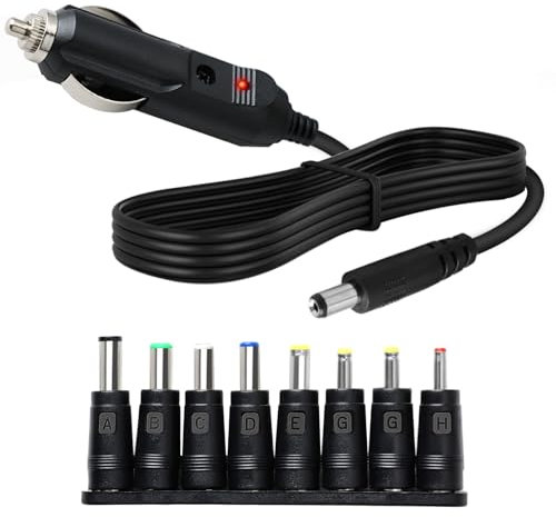 12V 5A Cargador de Coche Universal, Adaptador Alimentación DC 5.5 x 2.1mm con 8 Conectores, Cable de 1.5m con Indicador LED para Reproductor de DVD, Fabricante de Etiquetas, Altavoces Bluetooth, GPS