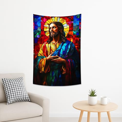 Bunter Glasmalerei-Jesus-Wandteppich, leuchtend rotblau, dekorativer Wandbehang, religiöse Wandteppiche, ästhetisch für Wohnzimmer, Schlafzimmer, Glaubensdekoration, 127 x 152 cm