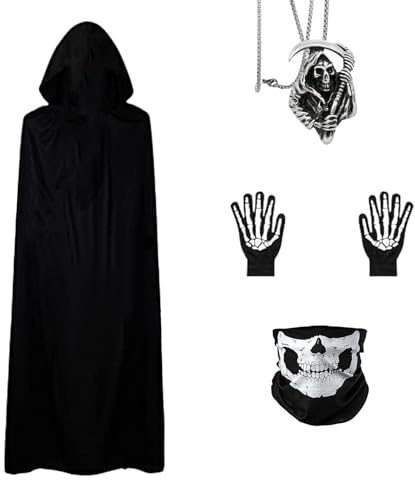 Nhgkju 4-teilig Halloween Sensen mann Kostüm Set, Schwarzer Umhang mit Totenkopf-Maske, Skelett-Handschuhe und Sensenmann-Halskette