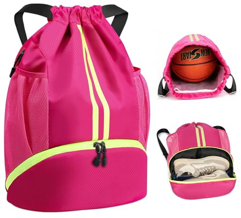 Fjquamitix Drawstring Bags,Waterproof PE Bag,Sports Swimming Backpack Large Unisex Gym Bag with Shoe Compartment Wet And Dry Separation For Travel, School, Beach,Sports (Rose Red)