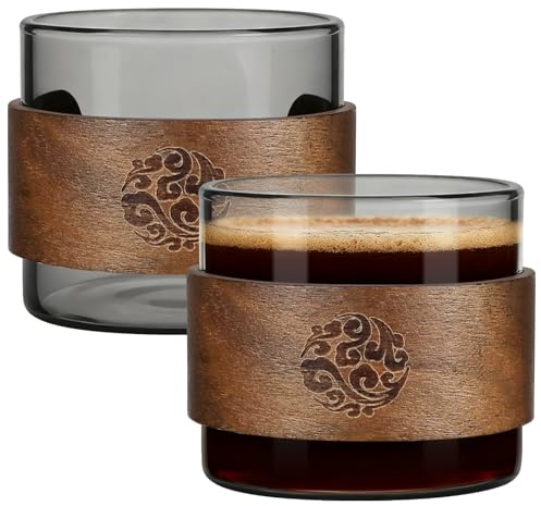 Espresso Cups 150ML Set of 2, Clear Coffee Mugs with Wooden Ring, Gray | Glass Cup for Coffee Tea Milk Juice Ice Cream, Durable, Heat Resistant